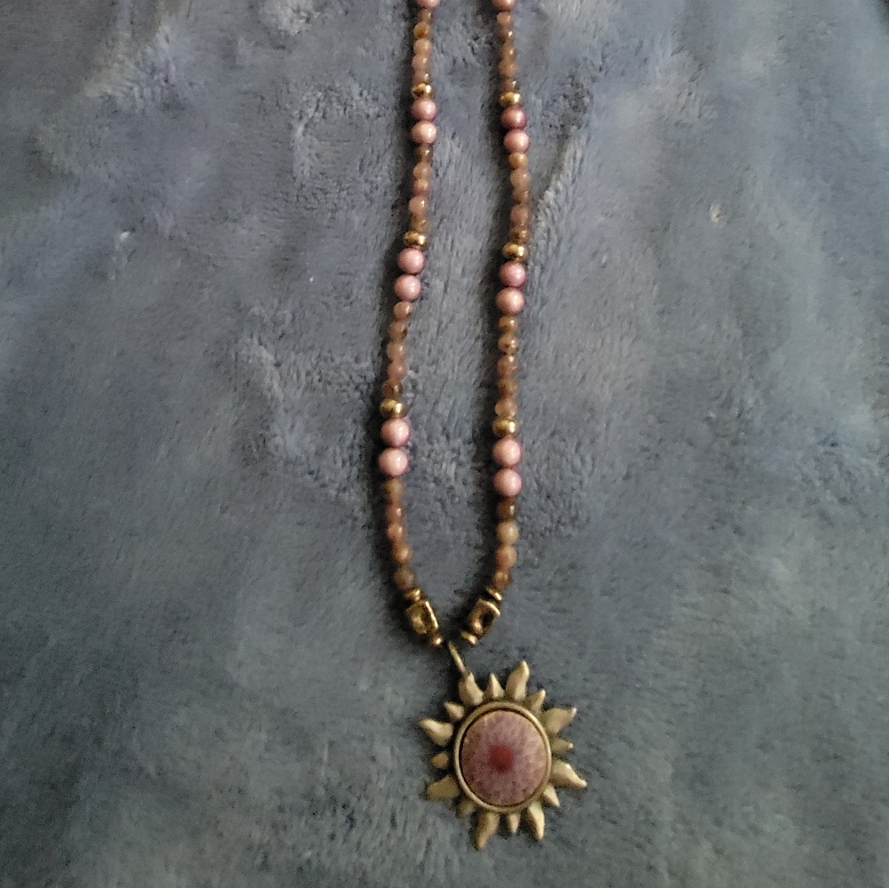 Handmade purple Grey black necklace with sun pendant with purple and red